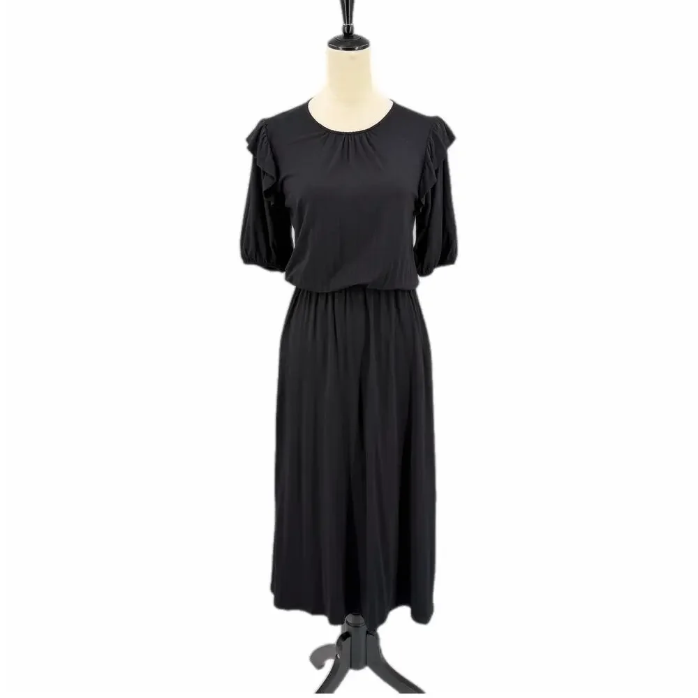 Boden 6 Black Ruffle Jersey Midi Basic Casual Minimalist Boho Office Work Dress